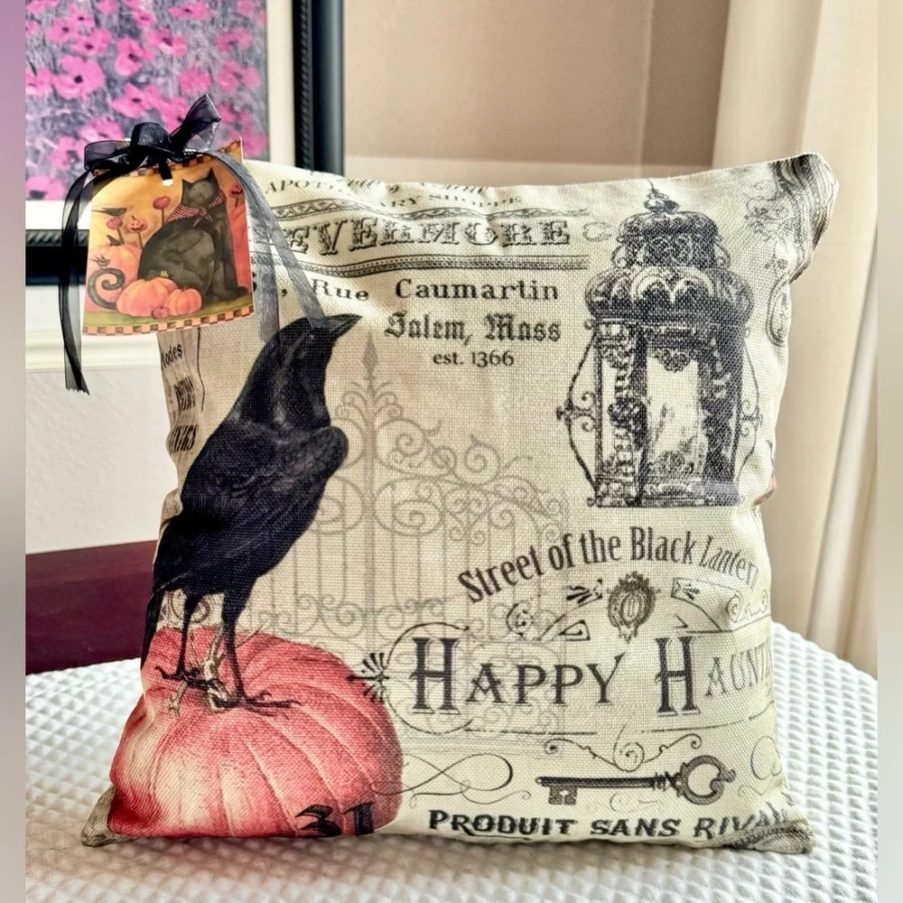 New Rustic Halloween Crow Raven Pumpkin Lantern Decorative Toss Pillow 17” x 17”